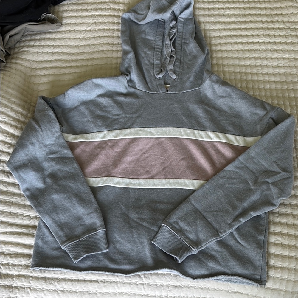 Hippie Rose Gray and Pink Color-Block Crop Hoodie Sweatshirt